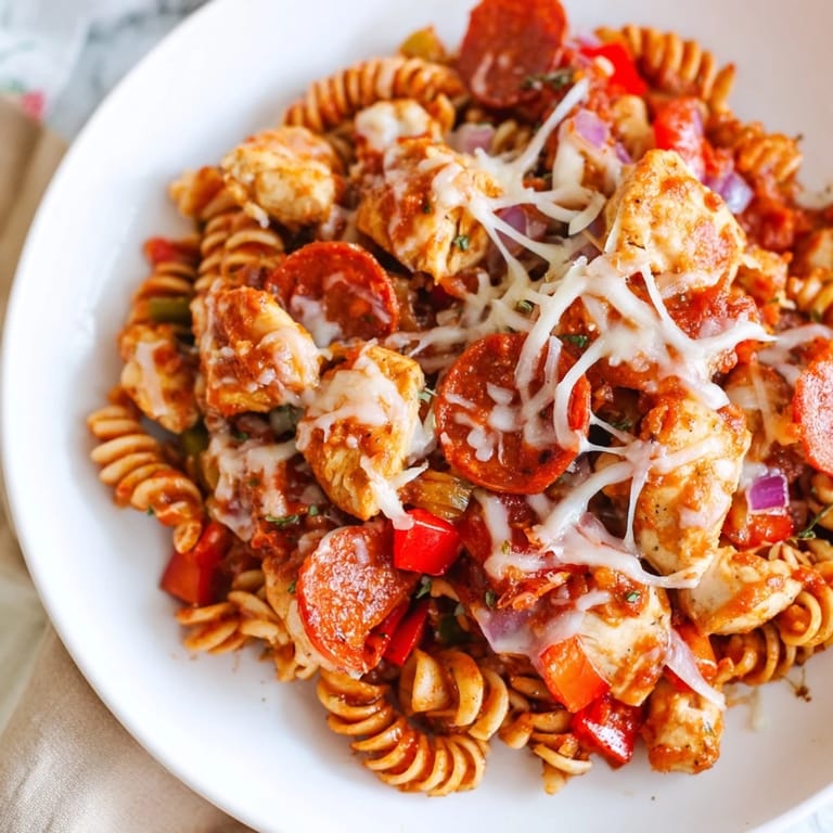 This close-up displays steaming One-Pan Pizza Pasta, a delicious fusion of flavors and textures.