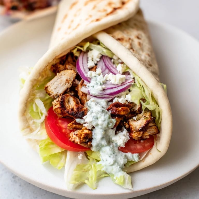 Visualize this: golden-brown Greek Chicken Souvlaki Wraps, a hearty and flavorful homemade meal.