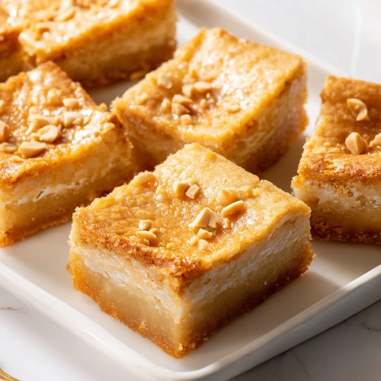 Warm Peanut Butter Mochi Cake with a glistening, subtly sweet surface; imagine that soft, rich flavor.