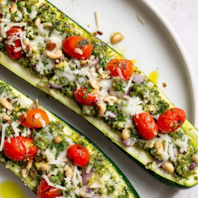 These baked cheesy pesto zucchini boats are a healthy and delicious Mediterranean inspired comfort food, perfect for dinner.