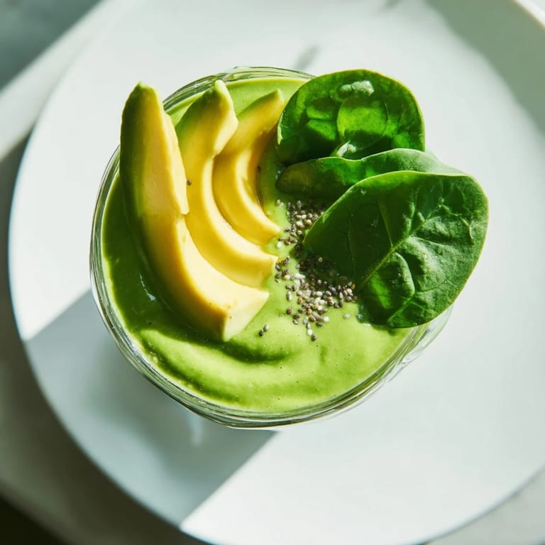 Vivid green spinach avocado smoothie, blended perfectly, a thick, delicious, and easy recipe.
