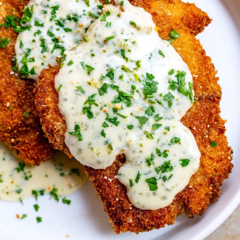 A close-up of crispy chicken with garlic cream sauce, drizzled over tender chicken breasts.