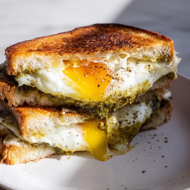 Buttery, toasted bread surrounds creamy pesto eggs and gooey cheese in this delicious pesto egg grilled cheese.