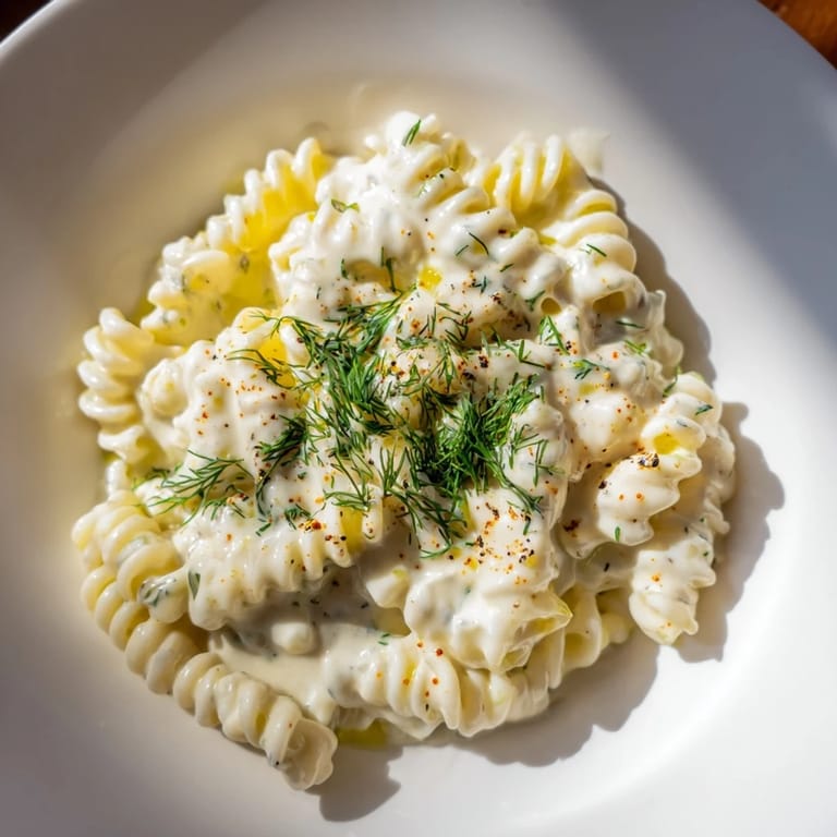 A heaping bowl of Turkish Yogurt Pasta, with fusilli coated in a luscious, tangy yogurt sauce.