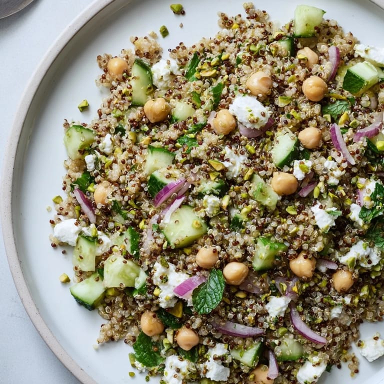 Enjoy this vibrant bowl of Jennifer Aniston Salad, a medley of fresh herbs, crunchy vegetables, and creamy feta.