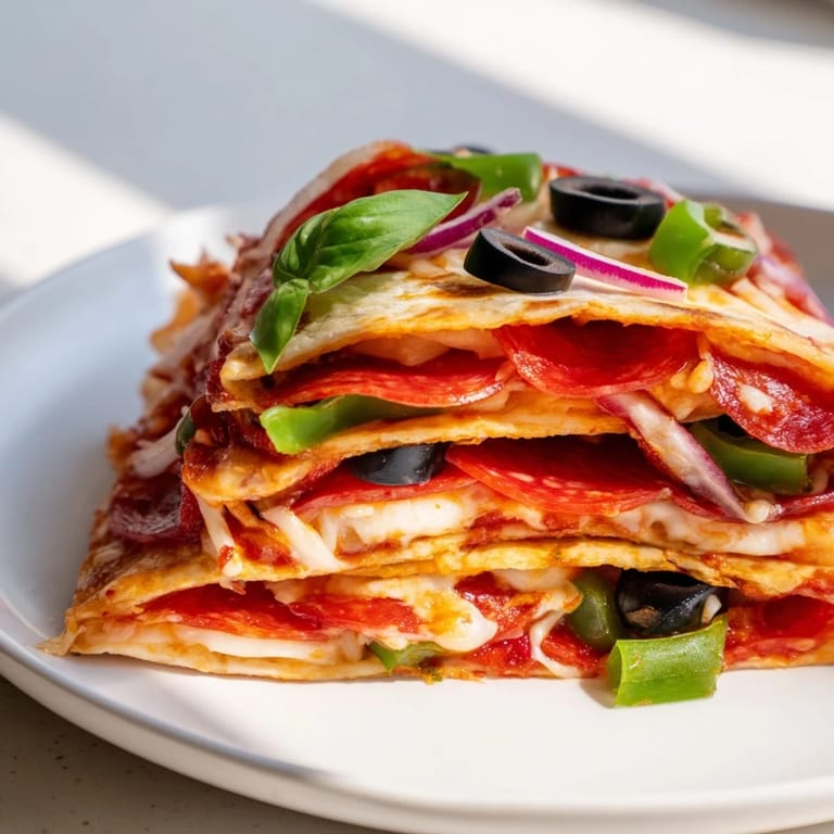 Golden-brown tortilla pizza wrap, filled with cheese and pepperoni, offers a quick and easy bite.