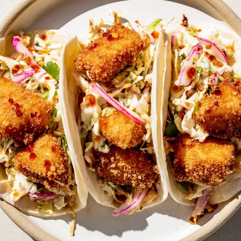 A serving of spicy-sweet Hot Honey Chicken Tacos, presented on a warm tortilla with a vibrant slaw.