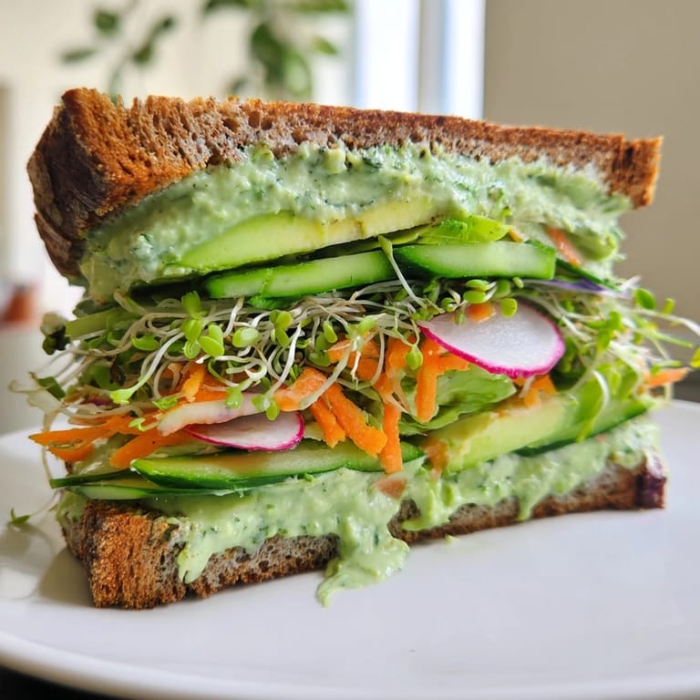A close-up view of a delicious Green Goddess Sandwich, ready to be sliced and enjoyed for a satisfying meal.