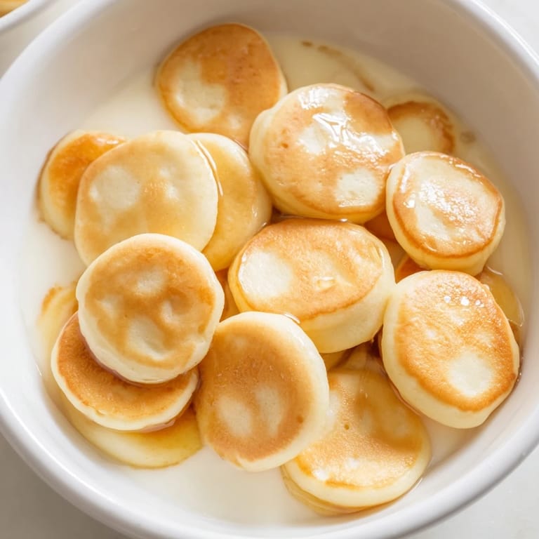 Delicious breakfast idea: Close-up of bite-sized Fluffy Pancake Cereal, inviting you to enjoy this treat.