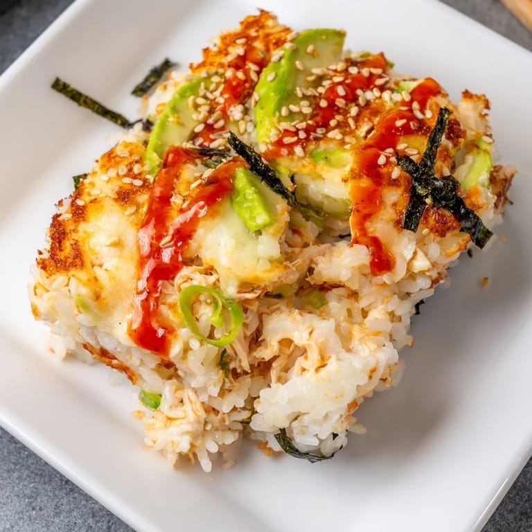 A bubbling Chicken Sushi Bake showcasing creamy chicken and rice beneath a layer of melted mozzarella.