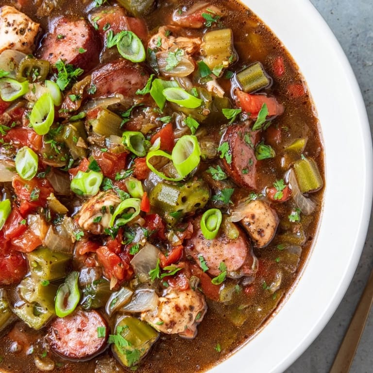Hearty Louisiana Gumbo Okra Soup, thick with vegetables and meat, served hot over a bed of rice.