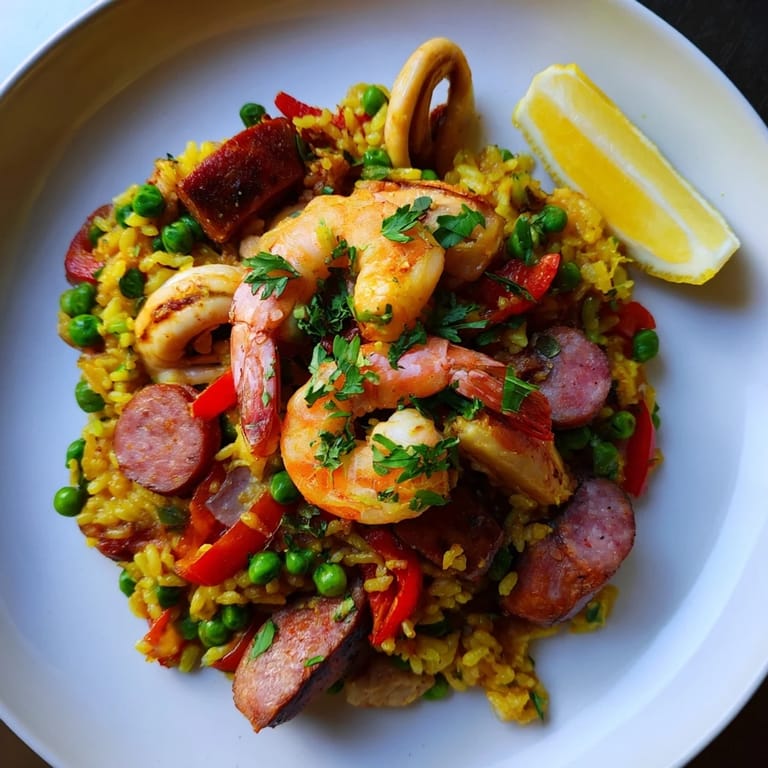 A steaming pan of Paella Spanish rice showcasing colorful vegetables and tender seafood, a Spanish feast.