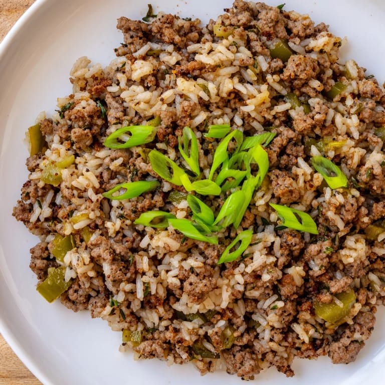 Savory and hearty, a close-up of Cajun Dirty Rice with fresh spring onion garnish.