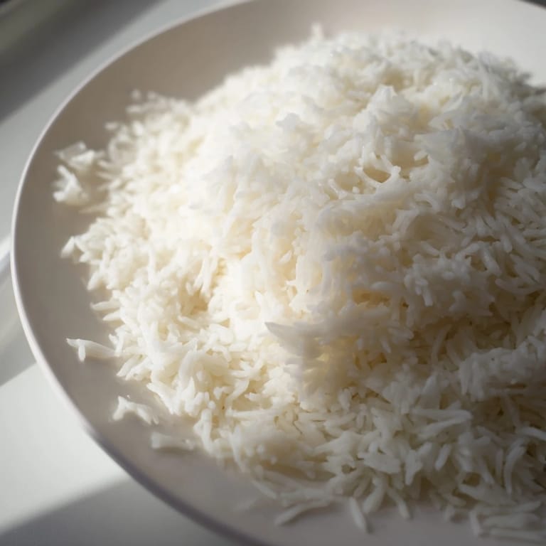 Creamy Coconut Jasmine Rice with fluffy grains, showing the rich coconut milk, perfect for any meal.