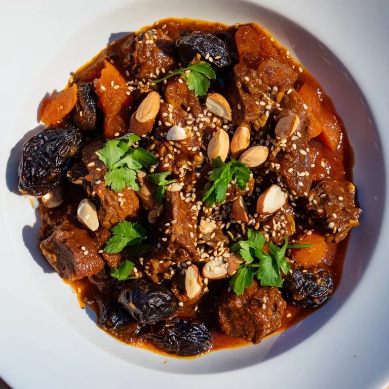 Close-up of a steaming Moroccan Lamb Tagine, served with toasted almonds and fresh cilantro garnish offering a visual treat.