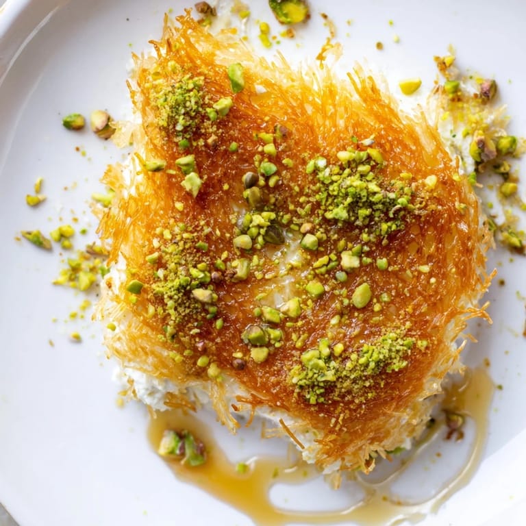 Close-up of baked Lebanese Knafeh cheese, displaying its crisp pastry and melting cheese.
