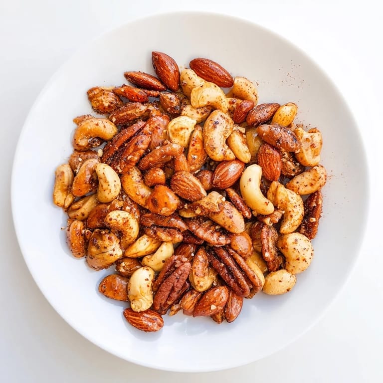 A close-up of a freshly roasted spiced nuts mix with a dusting of spices, perfect for parties.