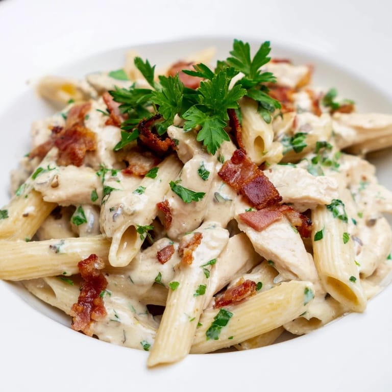 A close-up of Creamy Chicken Bacon Penne, showcasing melted cheese sauce clinging to each piece of pasta and savory chicken.  