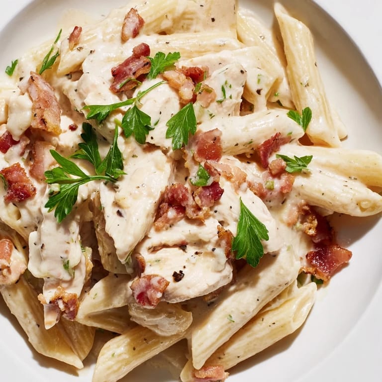 Overhead view of a hearty serving of Creamy Chicken Bacon Penne, with steam rising from the rich, bacon-studded pasta dish.