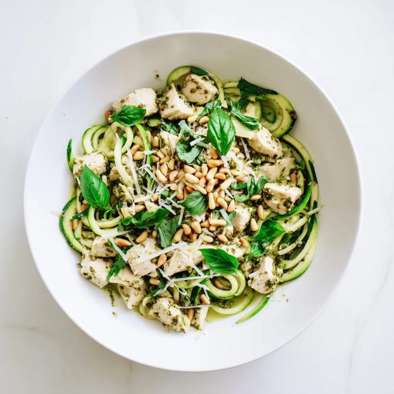 Close-up view of tender chicken pieces and spiralized zucchini tossed in aromatic pesto, garnished with fresh basil for a summery meal.