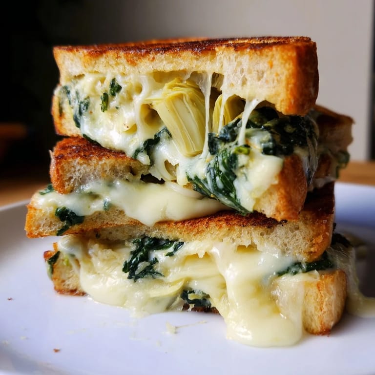 Artichoke Spinach Grilled Cheese sandwich cut on board with tomato soup bowl, fresh greens, and knife.
