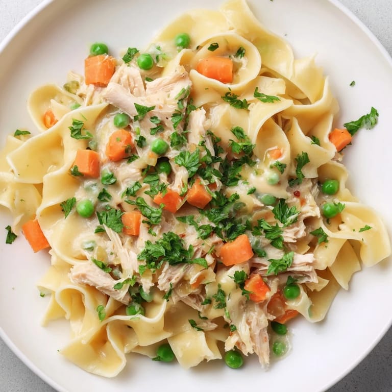 Spring Chicken Noodle Skillet in a warm skillet garnished with fresh parsley, perfect for a family dinner.
