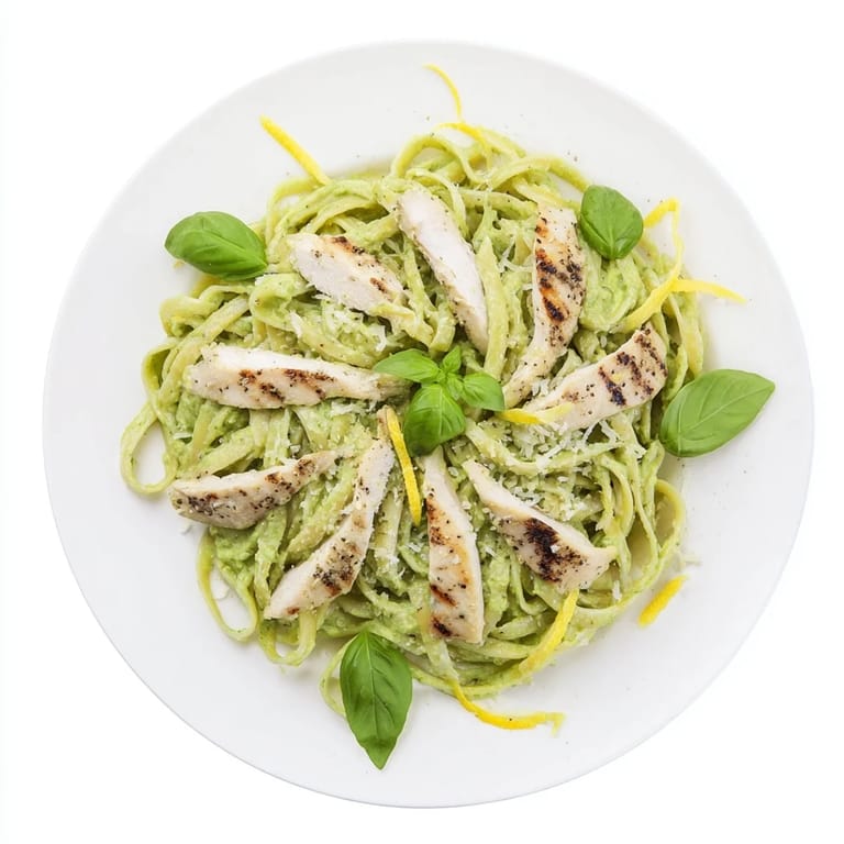 Steaming avocado chicken pasta with a drizzle of olive oil, fresh basil, and grated Parmesan ready to serve.