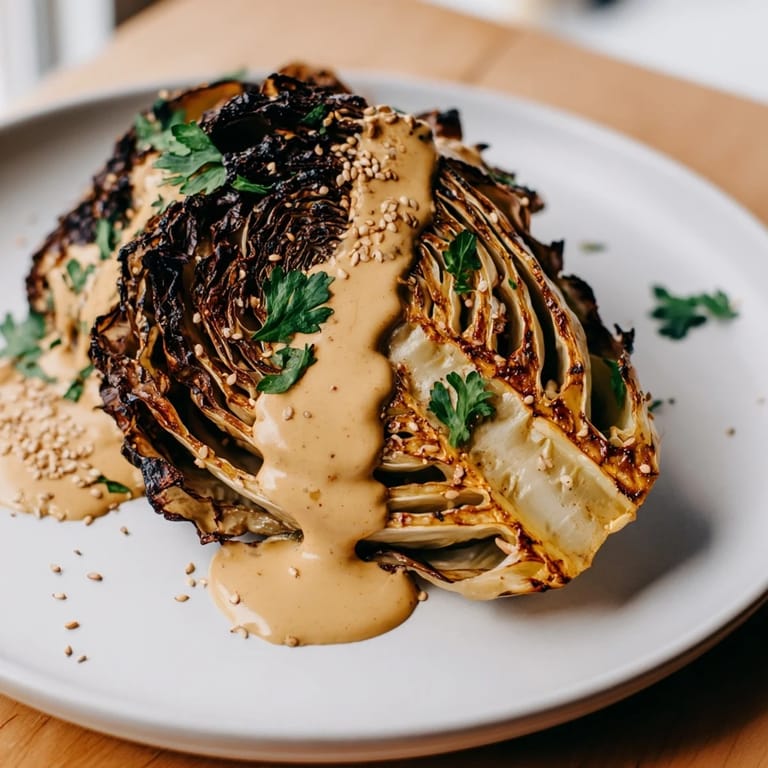 Golden cabbage steaks roasted with cumin and paprika are served with lemony tahini sauce, perfect for a vegan dinner side or main.