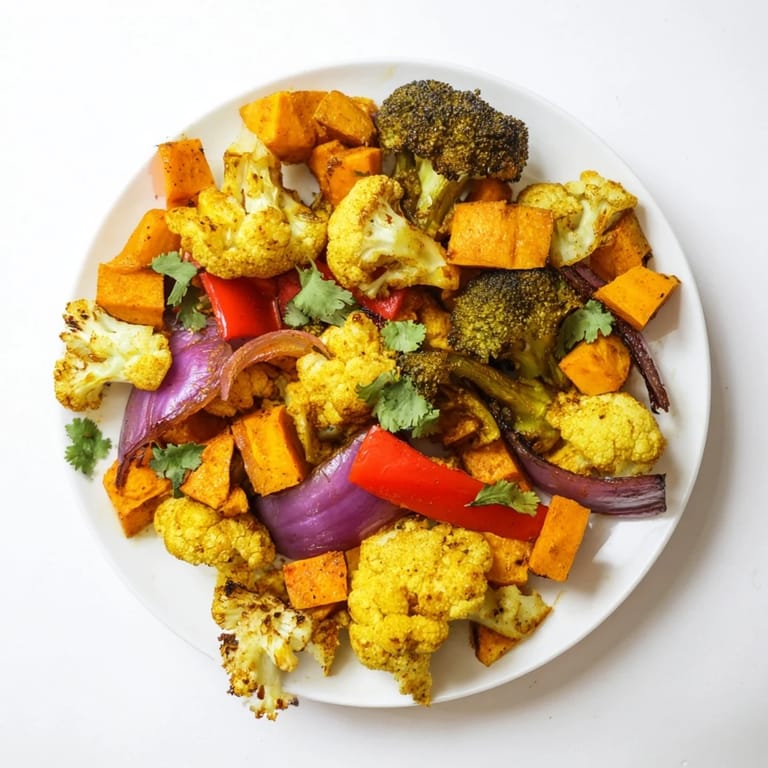 A nourishing side dish of Anti-Inflammatory Turmeric Roasted Vegetables, featuring tender cauliflower, sweet potato, and spices.  