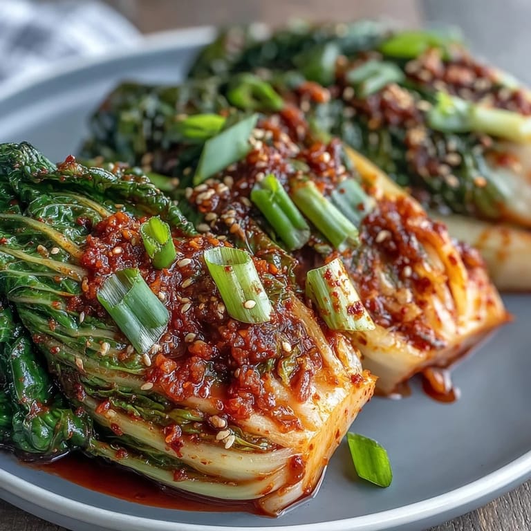 Freshly made kimchi showcasing bright red chili flakes and crisp vegetables.
