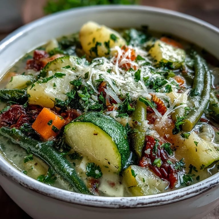 Homemade Parmesan Veggie Soup served hot with crusty bread for dipping, garnished with fresh parsley and grated cheese.