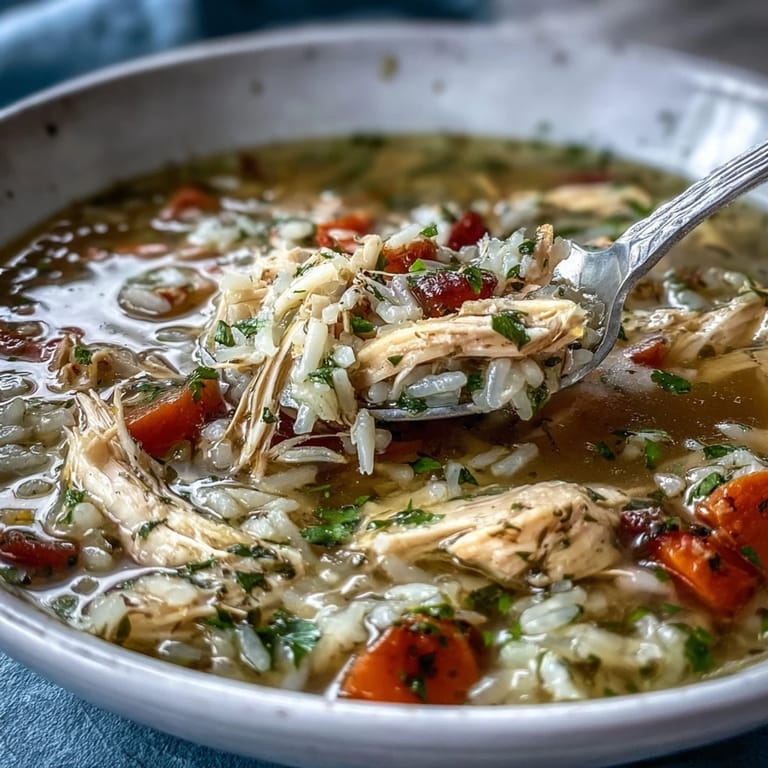 Steaming bowl of Cozy Winter Chicken and Rice Soup featuring shredded chicken, carrots, celery, and fresh herbs.