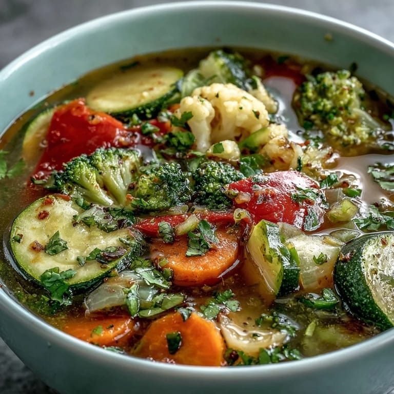 Hearty Ginger Vegetable Soup simmering in a pot, showcasing tender zucchini, celery, and red bell pepper in a rich broth.