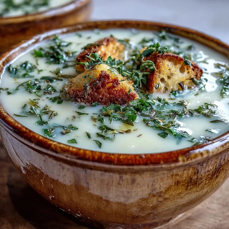 Garlic and Herb Soup ladleful topped with Parmesan and croutons, ready to serve with crusty gluten-free bread.