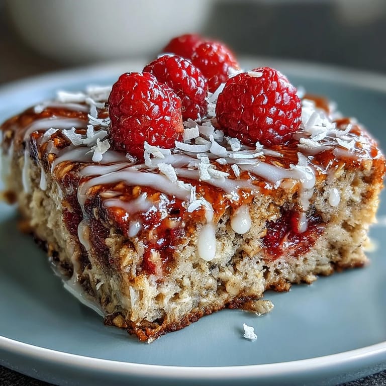 Cozy breakfast spread with Baked Oatmeal with Raspberry and Coconut, perfect for a vegan brunch alongside a steaming mug of coffee.