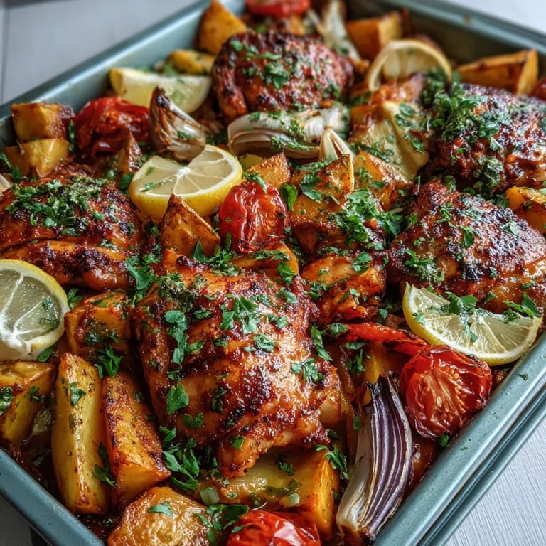 Gluten-free piri-piri chicken thighs nestle among golden sweet potatoes and bell peppers on a serving tray ready for dinner.