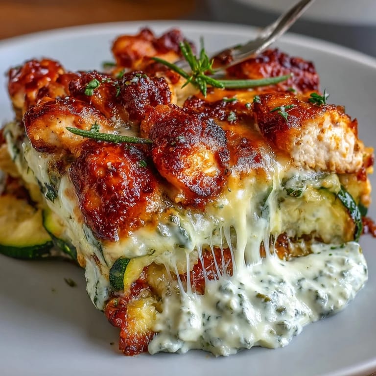 Savory layers of seared chicken and zucchini in a creamy yogurt and egg blend, baked in a white ceramic dish.