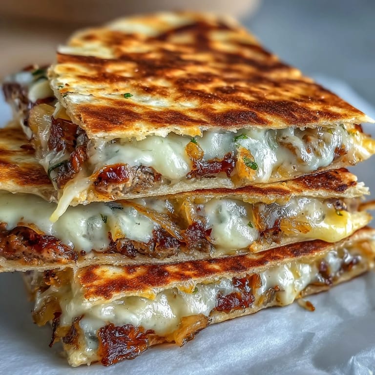 Sizzling griddled Cheesy Griddled Smashburger Quesadillas topped with sweet onions and a drizzle of mayo-mustard sauce.