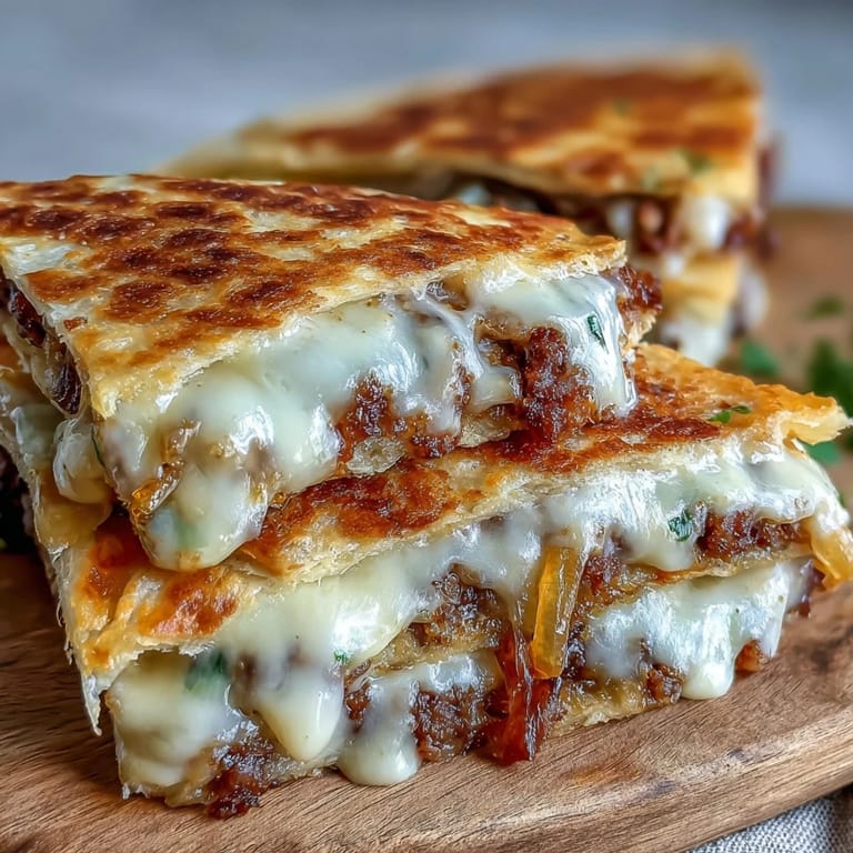 Serving wedge of Cheesy Griddled Smashburger Quesadillas with crispy beef, melted cheese, and fresh cilantro garnish.