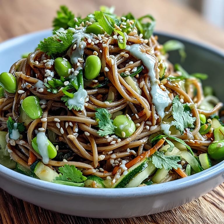 A close-up of Soba Noodle Bowl dressed in savory sesame sauce, garnished with fresh scallions and herbs for a light meal.