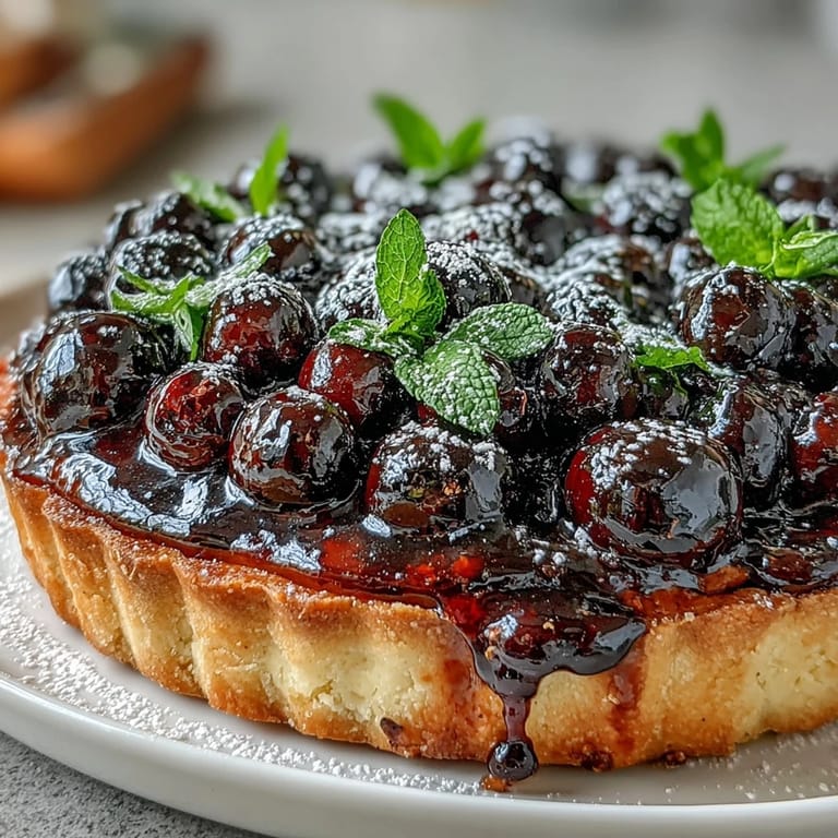 Slice of elegant Black Currant Fruit Tart on a plate, showcasing the rich, smooth curd filling and a dusting of powdered sugar.