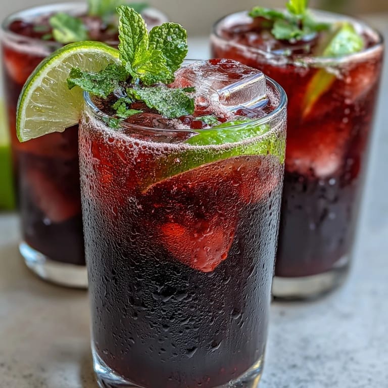 Chilled Black Currant Mocktail featuring deep purple juice, sparkling water, and a refreshing mint garnish ready to serve.
