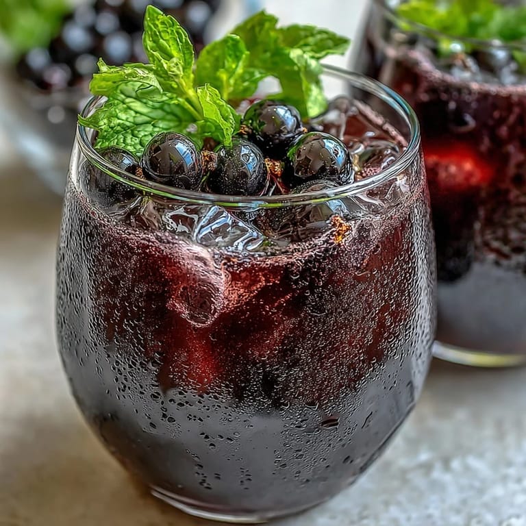 A creamy Black Currant Smoothie topped with fresh berries and a mint sprig, served in a chilled glass.