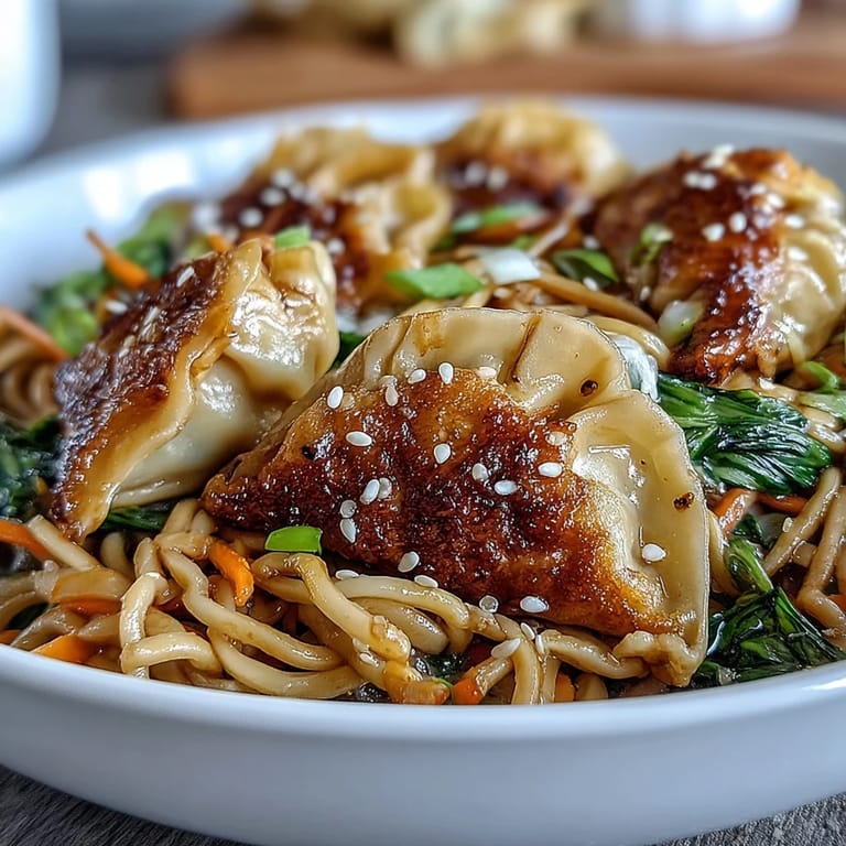 Hearty Potsticker Noodle Bowls served steaming hot, garnished with fresh green onions and sesame seeds for a quick weeknight meal.