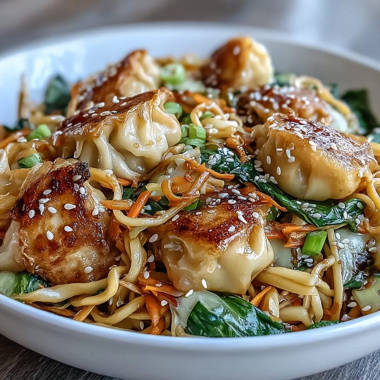 One-pan fusion dinner featuring tender potstickers and colorful vegetables tossed in a glossy sauce, ready to enjoy in under 30 minutes.