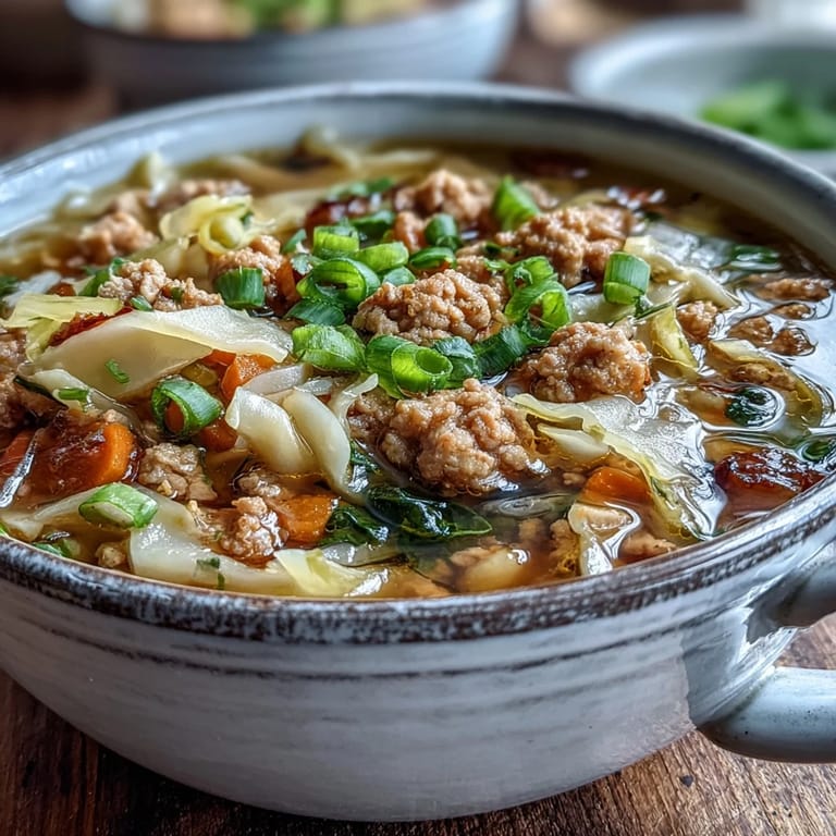 Comforting Cozy One-Pot Egg Roll Soup with Green Onions and Ginger served hot with red chili flakes on top.