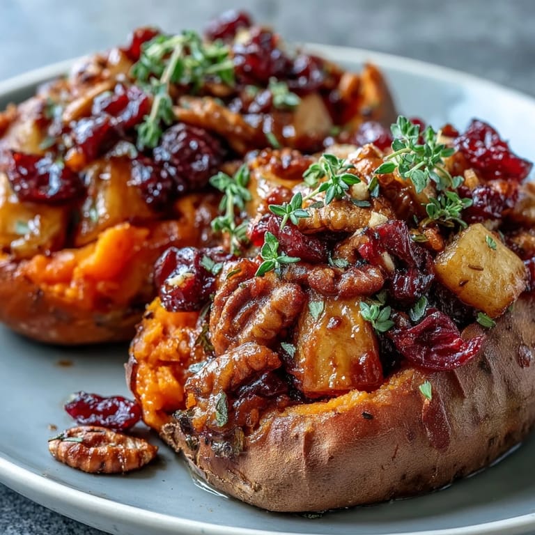 Rustic platter of Cranberry Apple Twice Baked Sweet Potatoes filled with caramelized apples and tart cranberries.
