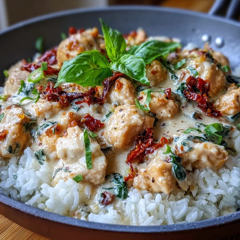 Freshly chopped spinach and ripe cherry tomatoes brighten this hearty Creamy Tuscan Chicken Rice Skillet, served warm and ready for a family-style dinner.