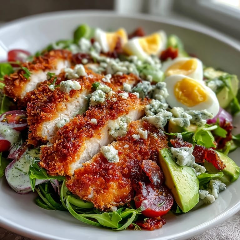 Sliced, juicy Parmesan Crusted Chicken tops a hearty Cobb salad with bacon, blue cheese, and hard-boiled eggs.