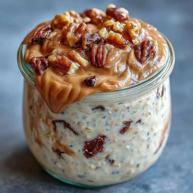 Creamy chocolate Chunky Monkey Protein Overnight Oats in a bowl, garnished with fresh banana slices and crunchy walnuts for texture.
